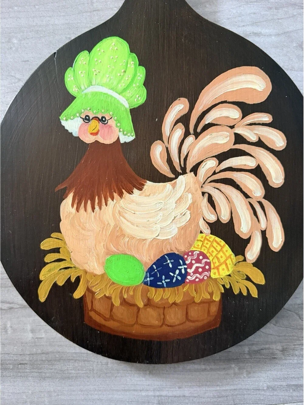 Hand Painted Hen Chicken Cutting Board Vintage Wall Mount Wood Paddle Plaque